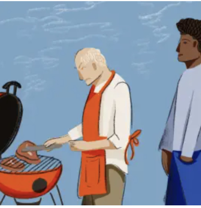 Illustration of an older person grilling while a younger person stands beside them.